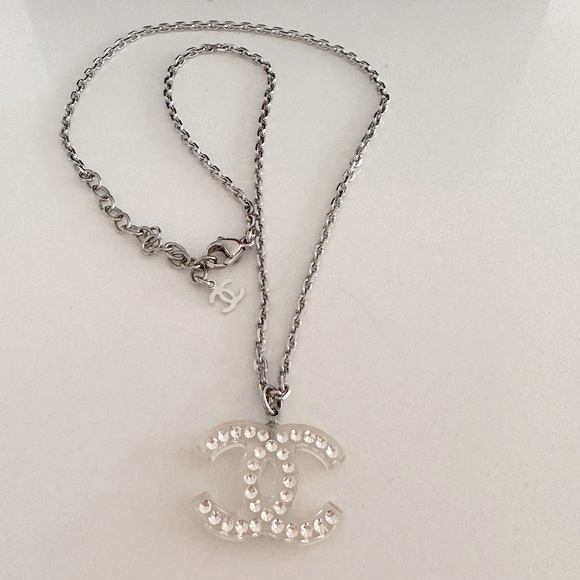 AUTH Chanel CC Resin Strass Necklace Clear Silver - Picture 2 of 6